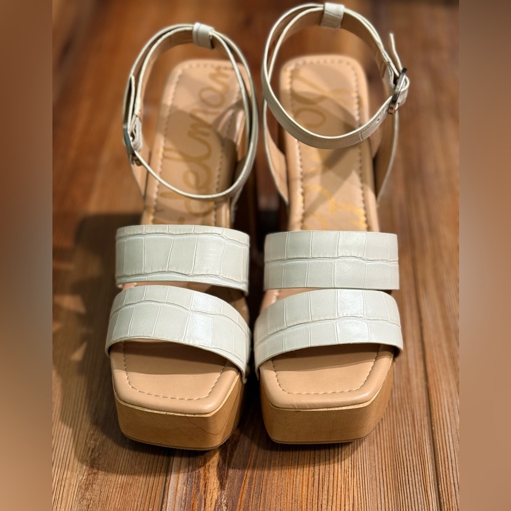 Sam Edelman Platform Sandals Cream Croc-Embossed  with Ankle Strap